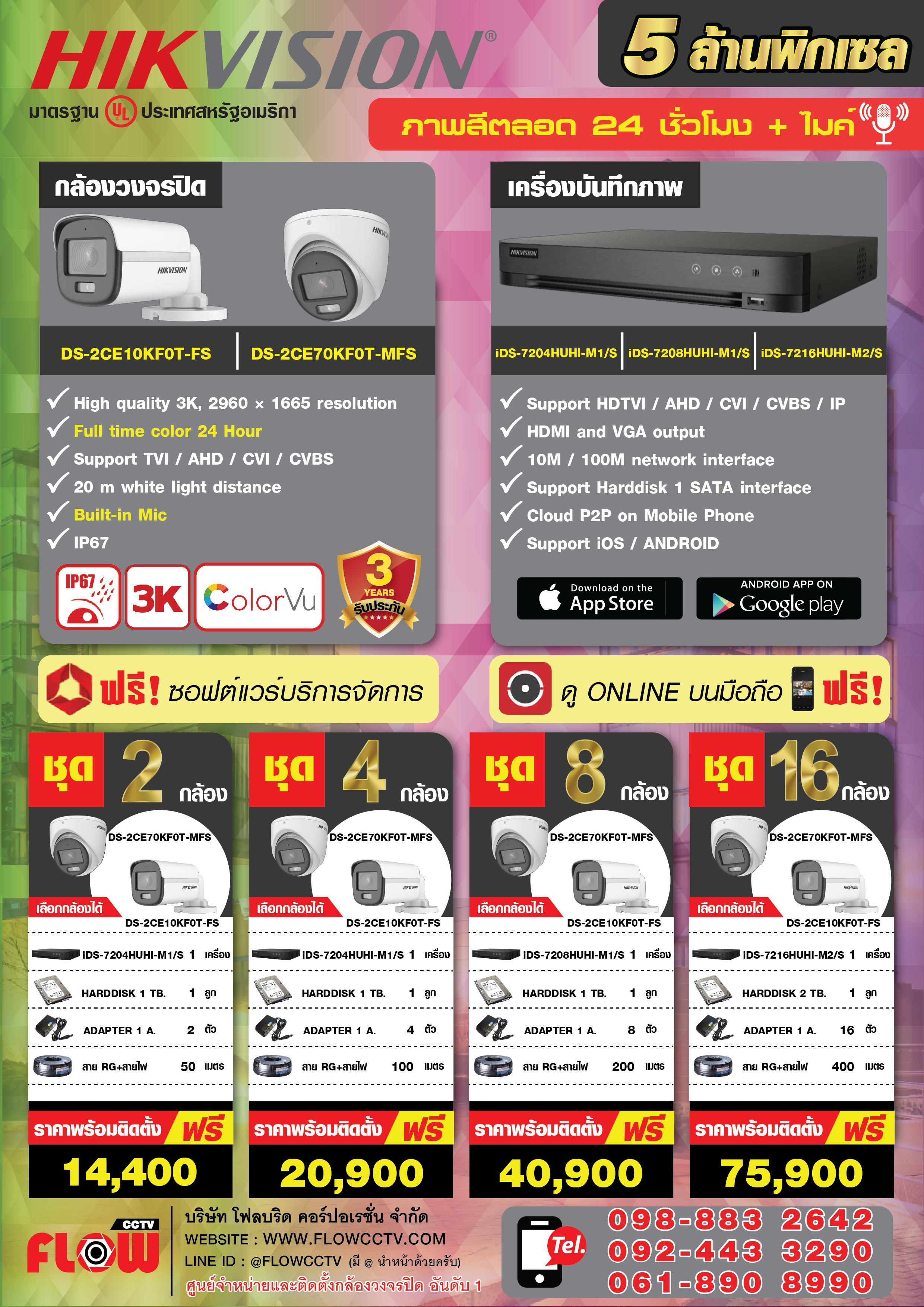 กล้องวงจรปิด cctv 5 ล้านพิกเซล HIKVISION 3K COLORVU+Mic Built-in