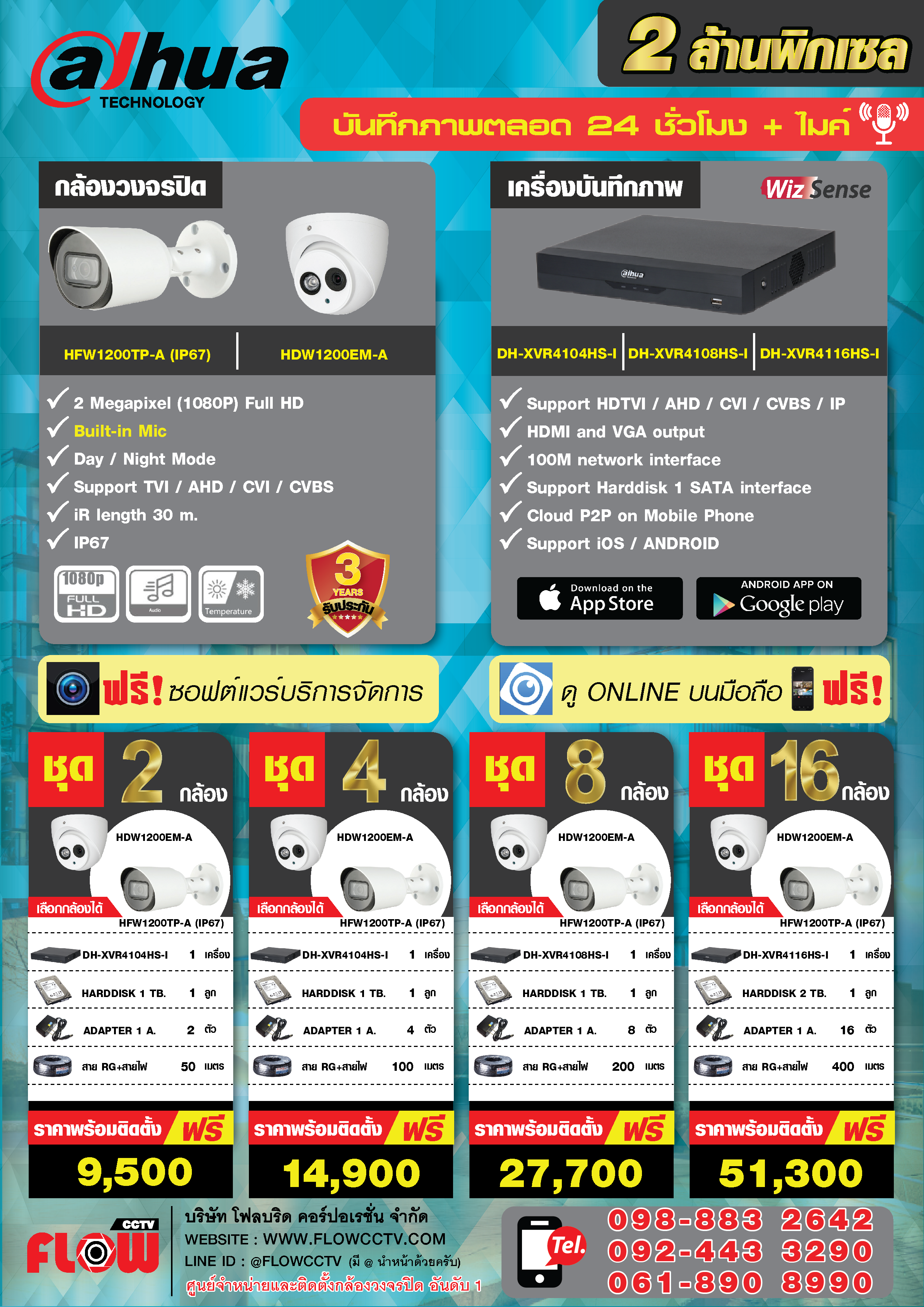 กล้องวงจรปิด cctv 2 ล้านพิกเซล DAHUA+Mic Built-in