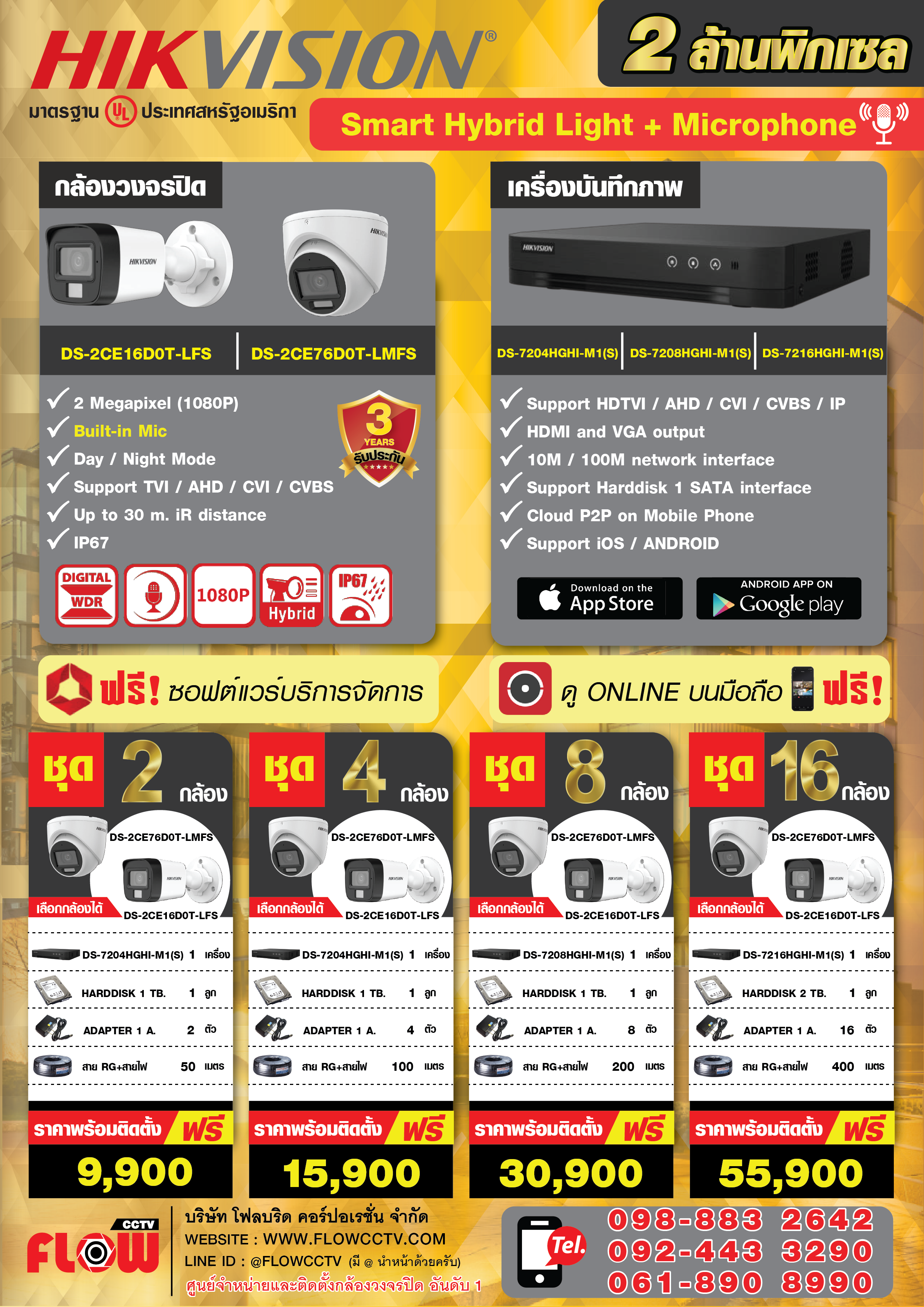 กล้องวงจรปิด cctv 2 ล้านพิกเซล HIKVISION+Mic Built-in